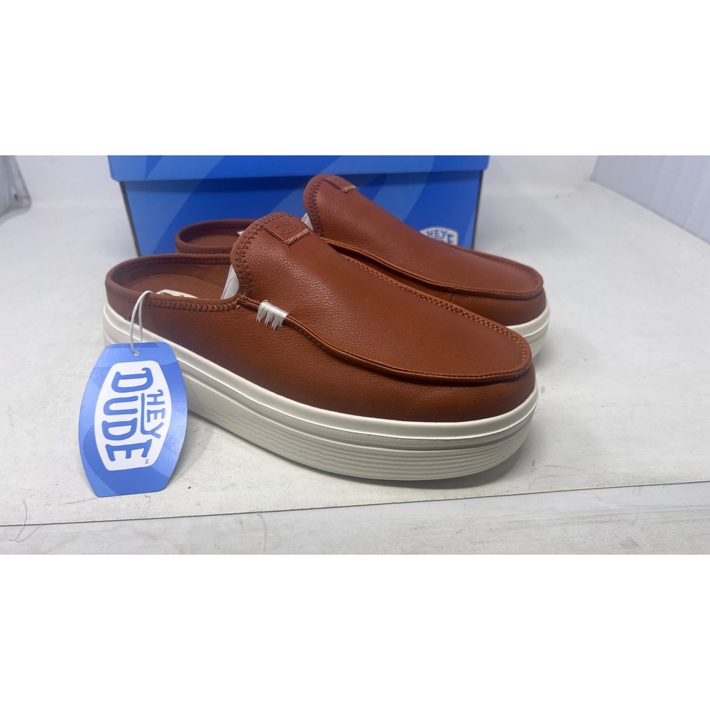 Hey Dude Austin Lift Cognac Brown Faux Leather Platform Mules Mens 9 Womens 11 - Picture 2 of 9